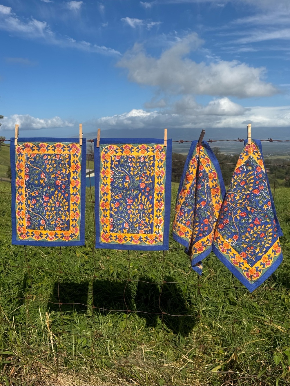 Petal Pushing Blue Boho Cottage Set of placemats and napkins Hand Block Printed